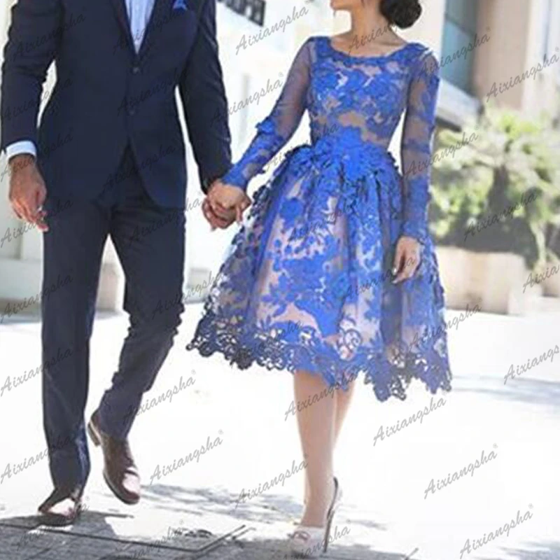 Royal Blue Homecoming Suknelės-line ilgomis Rankovėmis Kelio Ilgis Nėrinių Elegantiškas Trumpas Kokteilių Suknelės