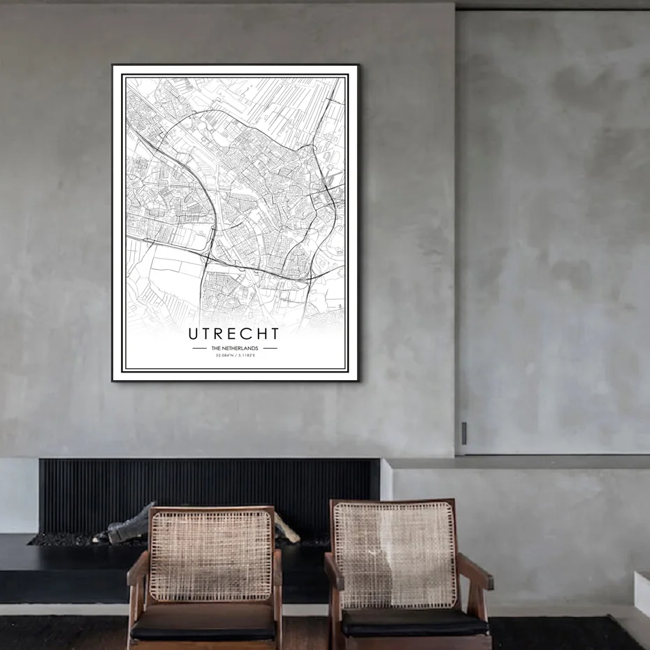 Šiaurės Olandijos Mieste Utrechte Žemėlapis Sienos Menas Nuotraukas Juoda Balta Drobė Paveikslų Kambarį Plakatai ir Spausdina Namų Dekoro