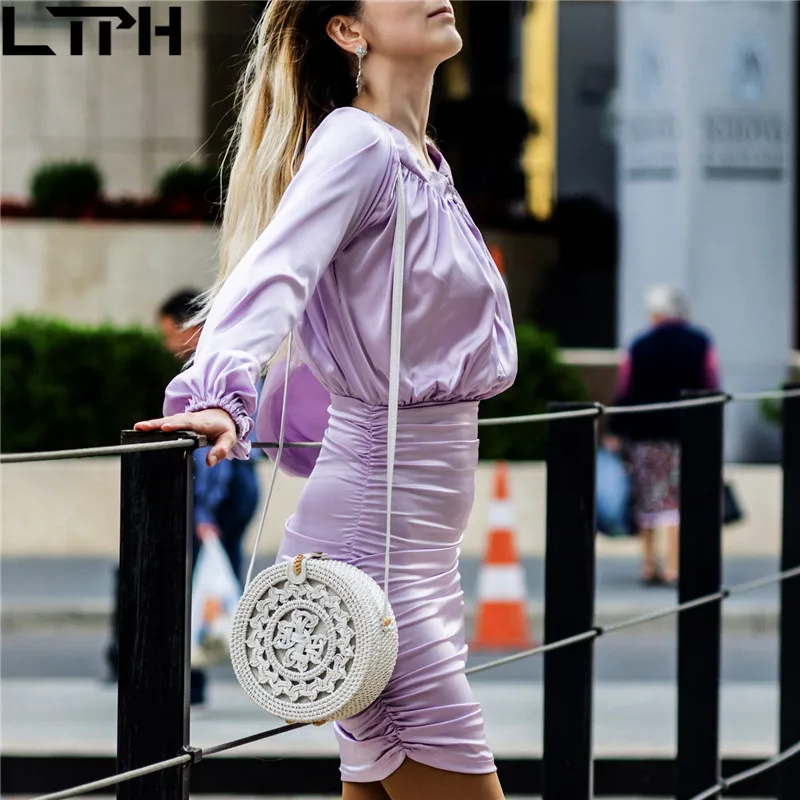 2020Autumn naują atvykimo temperamentas Kietas violetinės moterų suknelė O-Kaklo prancūzijos Sluoksniuotos Rankovėmis Raukšlės slim single-breasted maišelį klubo suknelės
