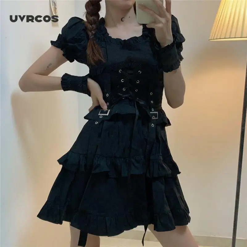UVRCOS Moterų Gothic Lolita Dress Goth Punk Derliaus Pynimas Tamsiai Juoda Suknelė trumpomis Rankovėmis Mini Suknelės Moterims 2020 Kratinys
