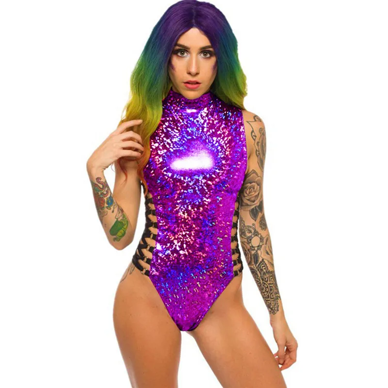 FestivalQueen Moteris Seksuali Juoda Holografinis Bodysuit Rompers 2019 Šalies Muzikos Festivalis Rave Bodycon Nėrinių Bodysuits Lady