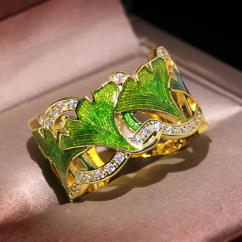 Mielas Žalia Gėlė Epoksidinės Žiedas su BLing Cirkonis Akmuo Moterims Vestuvės Vestuvinis Mados Papuošalai, Aukso Žiedas