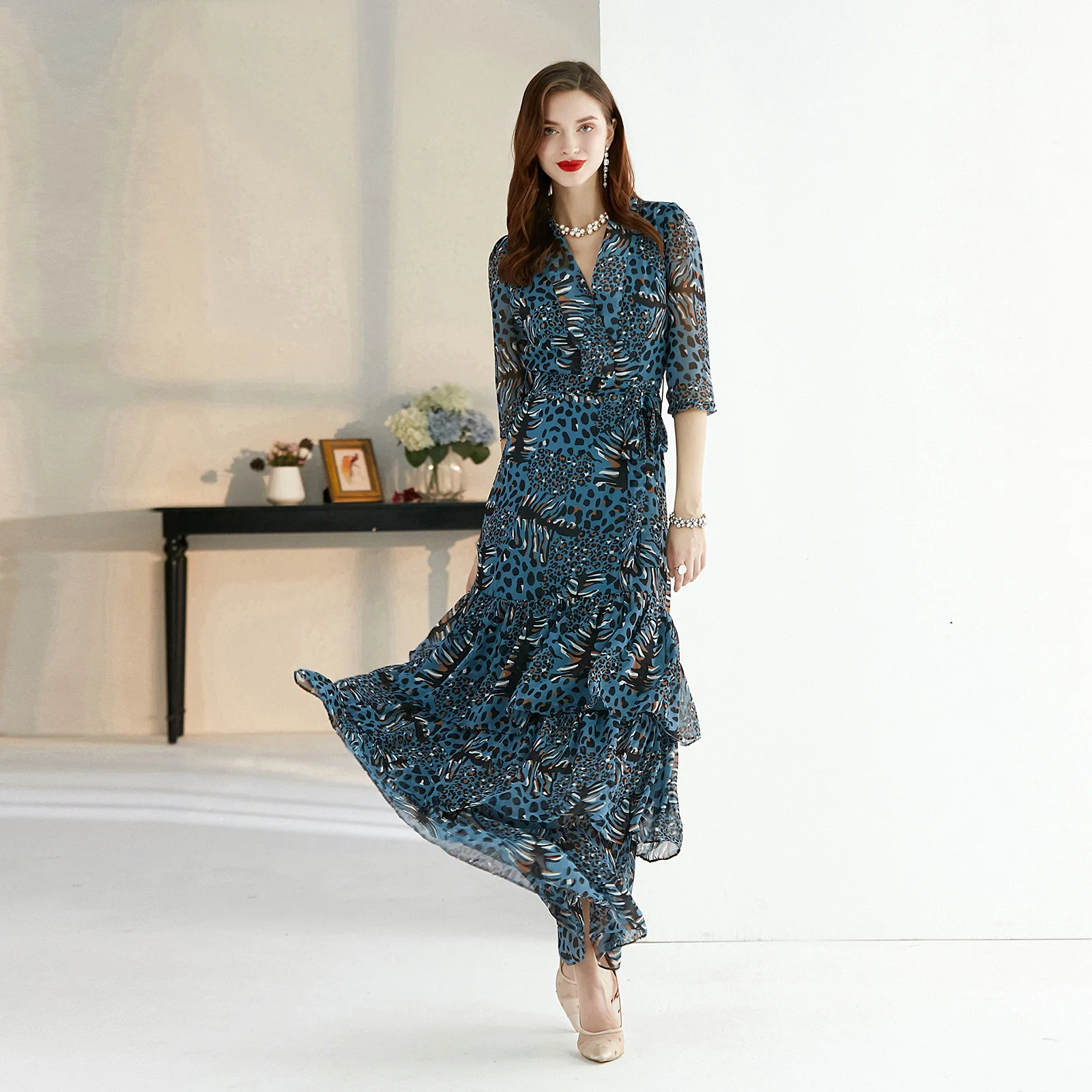 Aukštos Kokybės Moterų Mados Šifono Leopardas Spausdinti Ilga Elegantiška Suknelė 2020 V-kaklo, Ponia Pasakų Susiėmę Maxi Ilga Suknelė