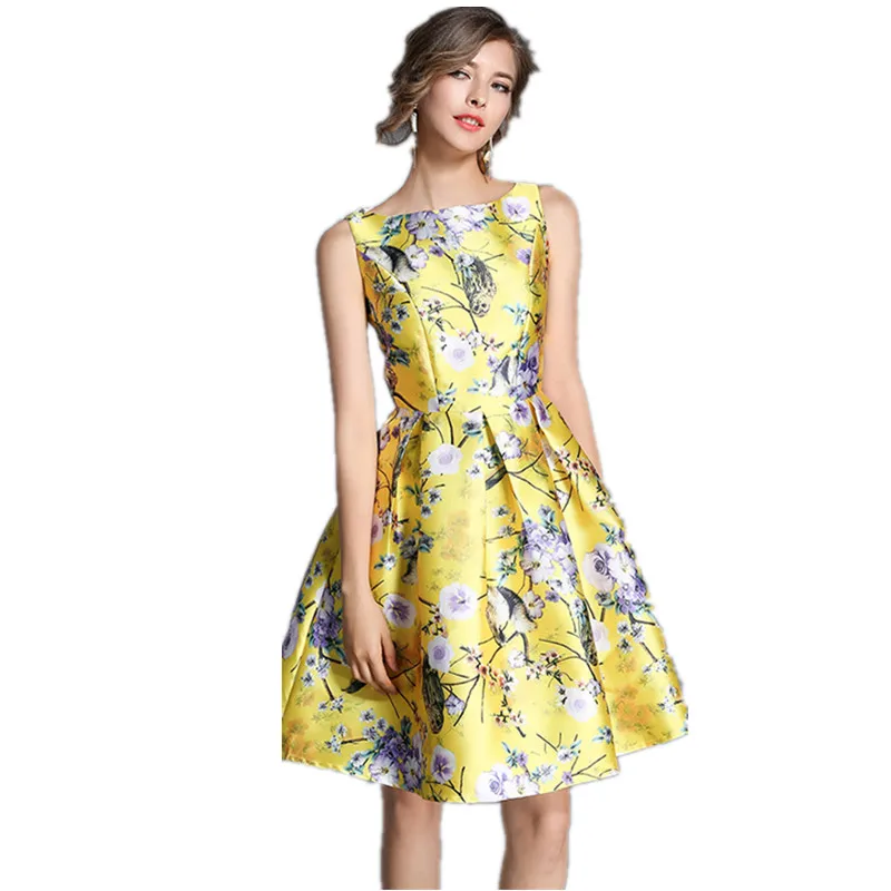 2019 Aukštos Kokybės Naujas Europos Stiliaus Pavasarį Ir Vasarą pelėda geltona spausdinimo Suknelė Moterims Retro Atsitiktinis Skraiste Femme Šalies Dressses
