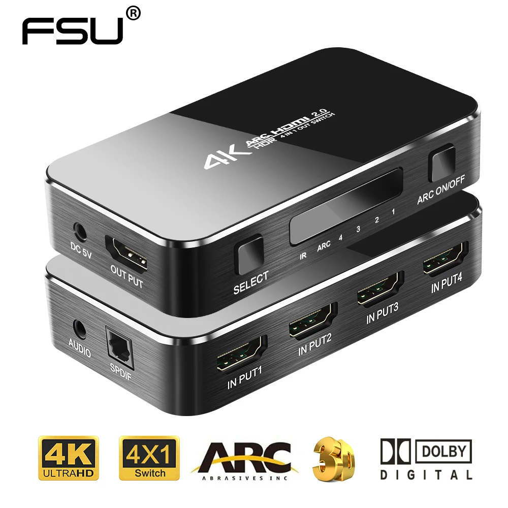 FSU HDMI Jungiklis 2.0 4K HDMI Splitter Jungiklis 4 In 1 Out HDMI Switcher Audio Extractor ARC & IR Kontrolės Nintend PS3, PS4 HDTV