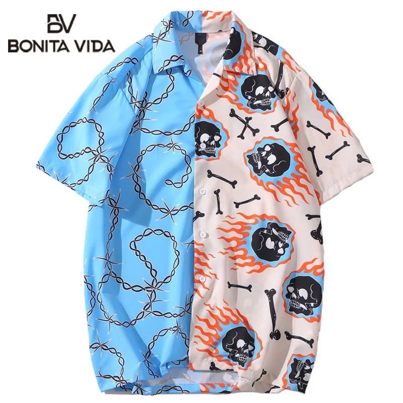 Bonita Vida Kaukolė Grandinės Kaulų Spausdinti Kratinys Havajų Marškinėliai, Unisex Streetwear Hip-Hop Atsitiktinis Trumpas Rankovės Harajuku Viršūnės
