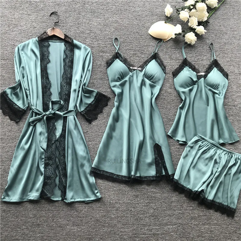 Moterų Vasaros Nėriniai 4 Gabalus Mantija Rinkiniai Dirbtiniais Šilko Seksualus Plius Dydis Kimono Nightgowns Sleepshirts Miego Lounge 