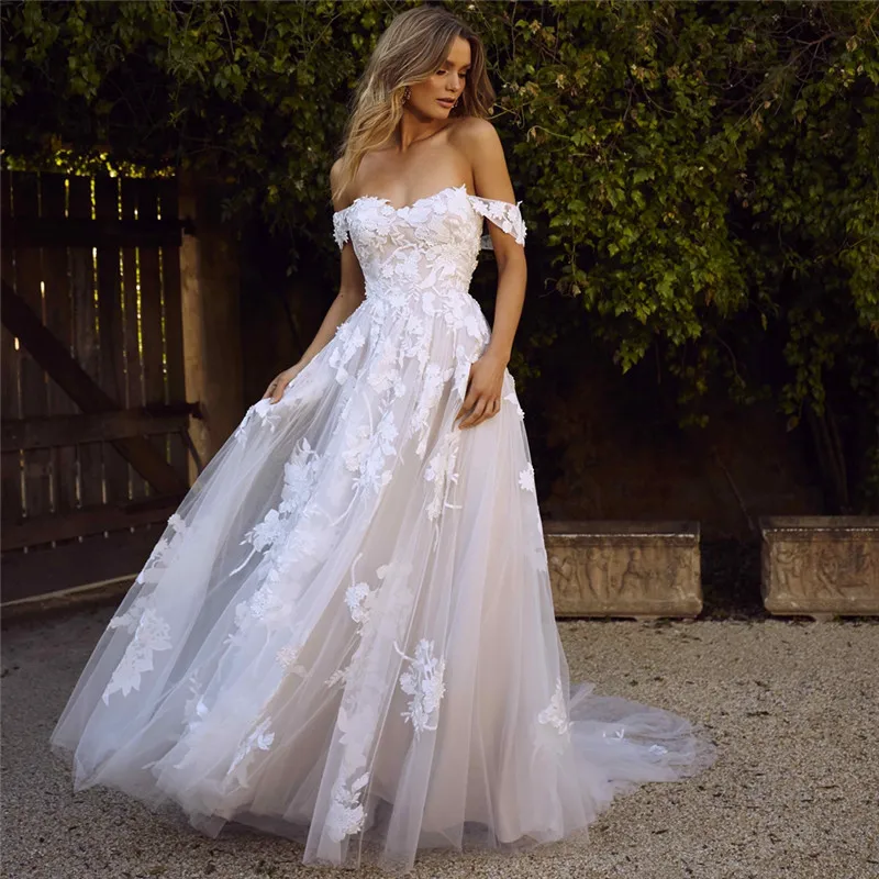 Chalatas de mariee Nėrinių Vestuvių Suknelės 2020 nuo Peties Appliques Linijos Nuotakos Suknelė Princesė Vestuvių Suknelė