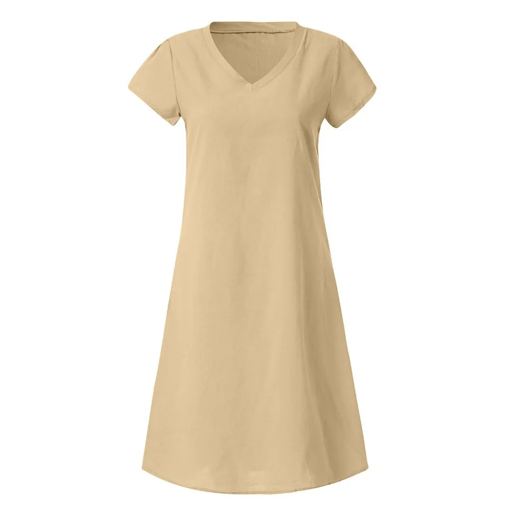 Nauja Europos atsitiktinis vientisos spalvos suknelė vasaros mados V-kaklo trumpomis rankovėmis moteriški marškinėliai trumpas sijonas