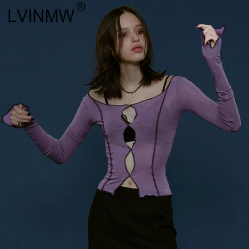 LVINWM 2020 Violetinė Žemų dažnių Linija Kratinys Lonh Rankovėmis marškinėliai Pavasario Moterims Seksualus Tuščiaviduriai Iš Liesas Apkarpytos Viršų Moteriška Streetwear