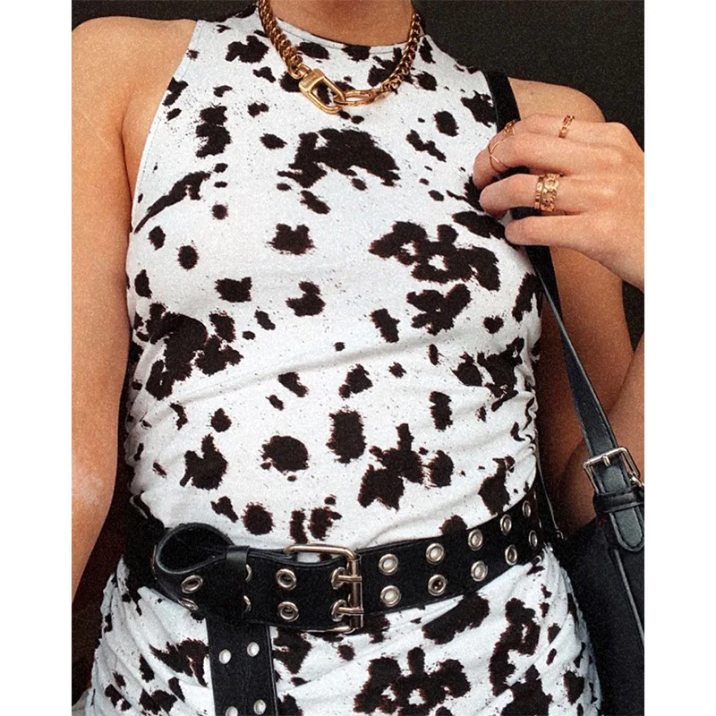 BOOFEENAA Juoda ir Balta, Leopardas spausdinimui Seksualus Bodycon Suknelė Moterų Klubo Dėvėti Pusėje Raišteliu Ruched Rankovių Mini Suknelė C84-BA52