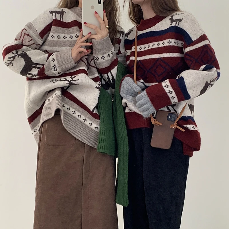 2020 Kalėdų Plius Dydis Mados Moterų Megztinis Deimanto Gardelės Dryžuotas Elnias Žakardo Puloveris Ponios Megztinis