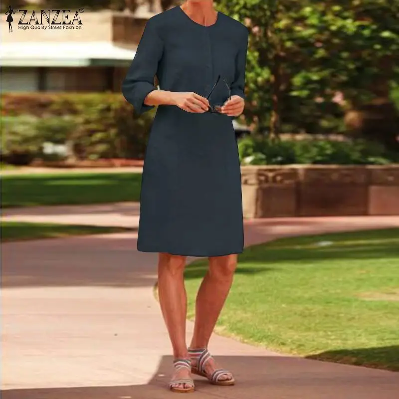 Elegantiškas Lino Marškinėliai Suknelė Moterims Rudenį Sundress ZANZEA 2021 Atsitiktinis ilgomis Rankovėmis Kelio Ilgis Vestidos Moterų Mygtuką Drabužius, Plius Dydis