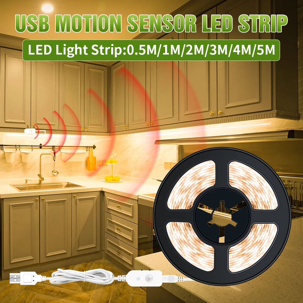 USB Pagal Kabineto Šviesos diodų (LED) Vandeniui Lempos Juostelės 0.5 1 2 3 4 5M Lanksti Juostelė LED Smart Lempos Jutiklis LED Miegamojo Naktį Ampulä -