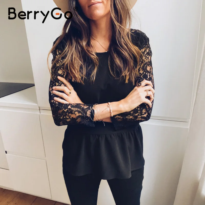 BerryGo V-kaklo moterų nėrinių palaidinė marškiniai, Elegantiškas siuvinėjimo tinklelio moterų top 2020 m Sexy 
