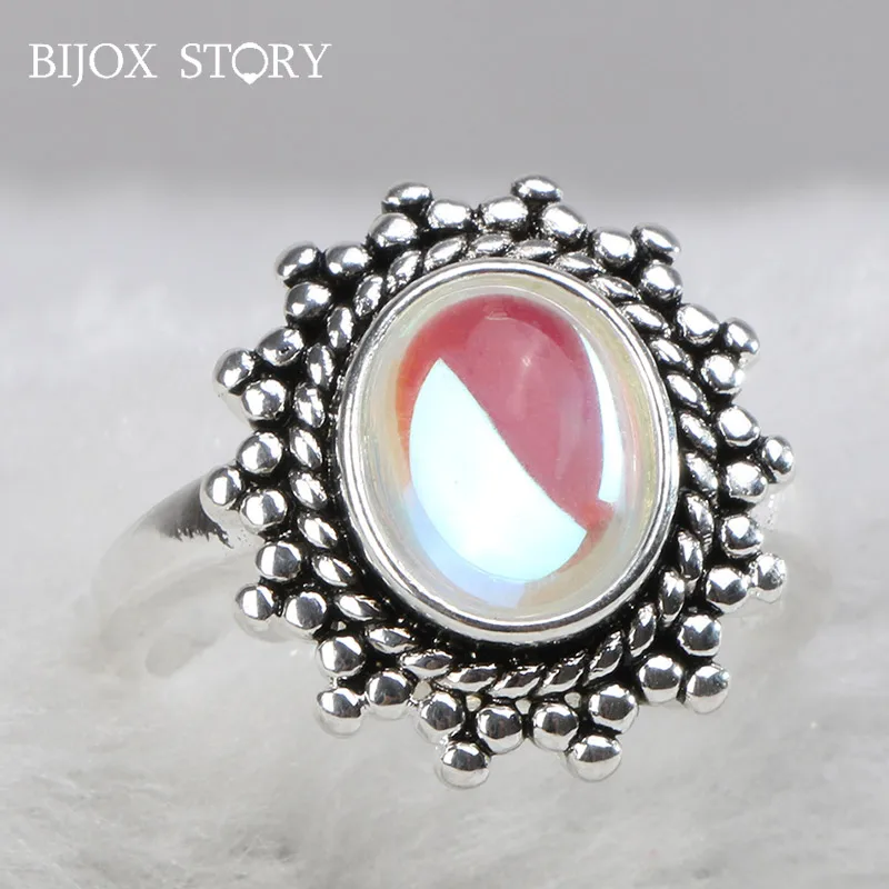 BIJOX ISTORIJA 925 sterlingas sidabro žiedas su ovalo formos mėnulio akmuo vintage stiliaus žiedas moterims vestuvių pažadas šalies dovanų dydis 5-11