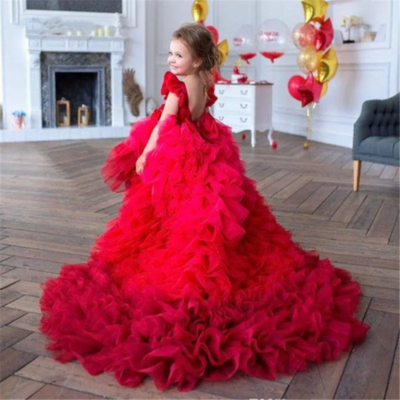 Raudona Mielas Gėlių mergaičių Suknelės Mergaitės Gimtadienio vakarėlis, Suknelės su ilgomis Traukinio Inscenizacija Suknelė 2-16Year