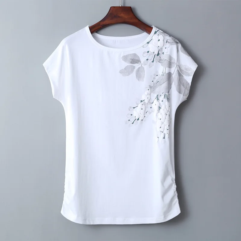 Plus Size 4XL5XL Moterų marškinėliai trumpomis Rankovėmis Gėlių Spausdinti Vasaros marškinėliai Moterims Pusėje Plisuotos Medvilnės Atsitiktinis Viršūnes Tees