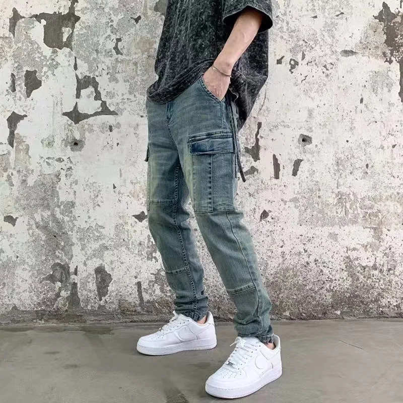 Originalus Plauti Retro Kišenių Džinsai Pants Mens Streetwear Slim Stretch Denim Pencil Kelnes Hip-Hop Harajuku Hip-Hop Kelnės