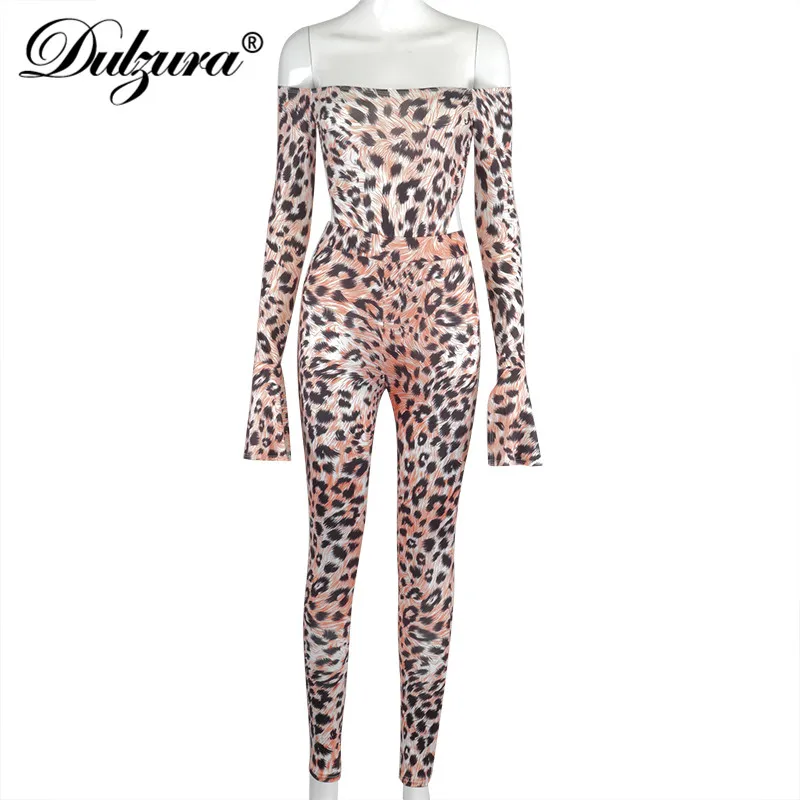 Dulzura leopard moterims dviejų dalių diržas bodysuit antblauzdžiai nustatyti, ilgas rankovėmis varpo off peties elegantiškas bodycon seksualus streetwear klubas