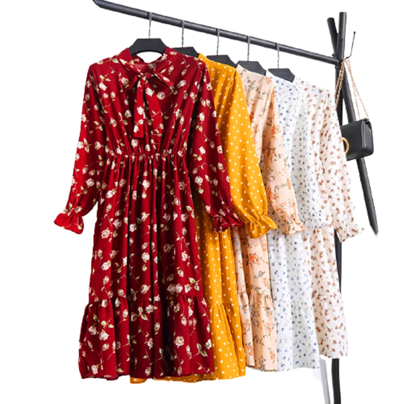 23 Dizaino Pavasario Vasaros Moterų Suknelės Lady Šalis Stilius Derliaus Gėlių Atspausdintas Šifono Marškinėliai ilgomis Rankovėmis Lankas Midi Suknelė 2021