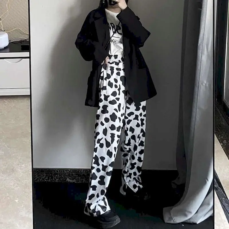 Kelnės moterų 2020 m. rudenį naujų ins Harajuku stilius karvė modelis apmušalas plataus kojų kelnės laisvi ir plonos tiesios kelnės