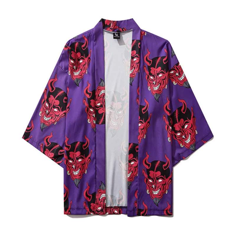 #7051 Streetwear Velnias Spausdinti Kimono Švarkas Vyrams Vasaros Harajuku Prarasti Havajų Paplūdimyje Purpurinis Rožinis Prarasti Suncreen Kimono Pelerinos