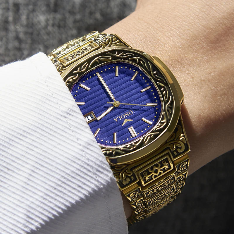 Mados kvarciniai laikrodžių vyrams, Prekės ONOLA prabangus Retro aukso nerūdijančio plieno žiūrėti vyrų aukso mens watch reloj hombre