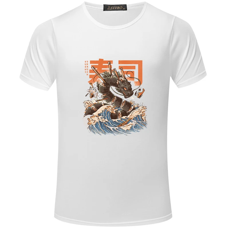 Streetwear Didelis Suši Dragon Spausdinti Marškinėliai Vyrams ir Moterims, Hip-Hop trumpomis Rankovėmis Marškinėlius Japonų Animacinių filmų Harajuku T-Shirt S5MC45 R