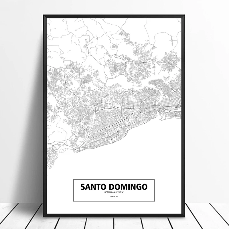 Santo Domingo Dominikos Respublika Juoda Balta Užsakymą Pasaulio Miesto Žemėlapį Plakatas Drobė Spausdinti Šiaurės Stiliaus Sienos Menas Namų Dekoro