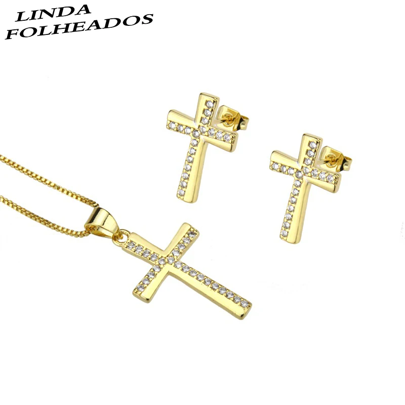 Naujas dizainas, aukso, vario balta kubinis cirkonis mažas kryžius, auskarai, karoliai moterų osioms šalies paprasta papuošalų rinkinys dovanų
