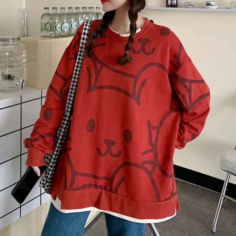 Rudenį Harajuku Moterų Netikrą 2 Vnt Animacinių Filmų Žiurkės Spausdinti Kawaii Hoodies Atsitiktinis Ilgomis Rankovėmis Palaidinukė Paauglių Mados Streetwear