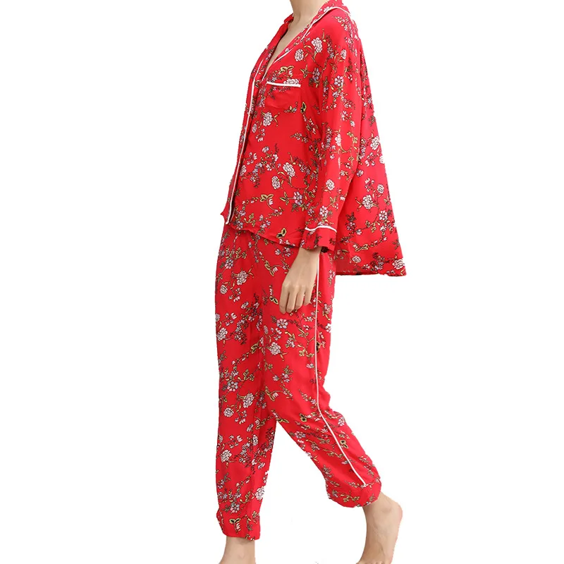 Vasaros Medvilnės Atspausdinti Pižama Nustatyti laisvo Stiliaus ilgomis Rankovėmis Viršūnes su Kelnes Namų Drabužių Dviejų dalių Pijama Moterų Pižama