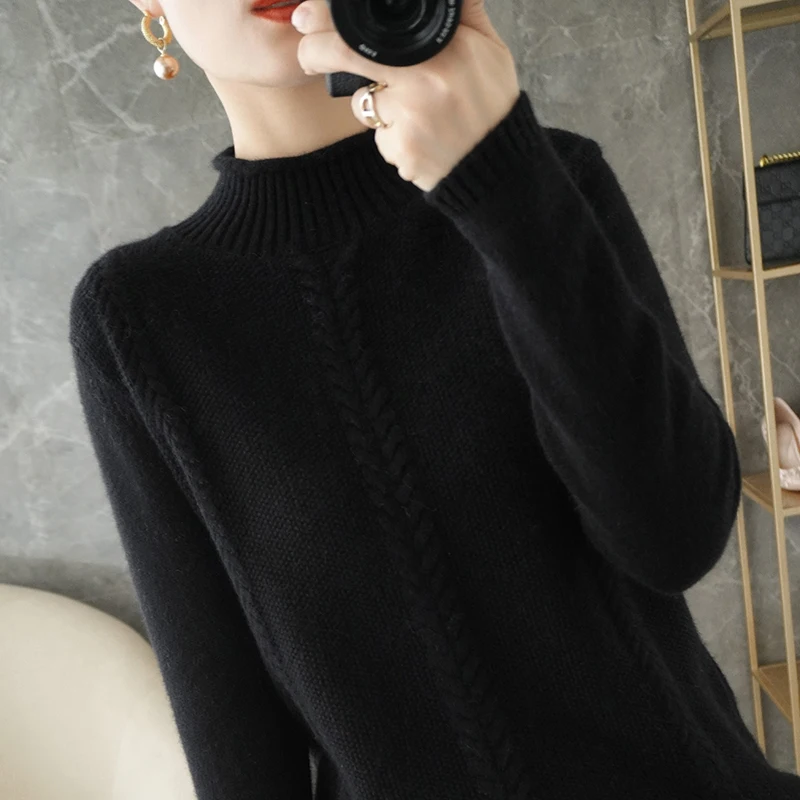 Tendencija moterų pusę aukšto kaklo kašmyro megztinis ponios vientisos spalvos, pilnas rankovės vilnos megztinis, jaukus ir šiltas megztinis Pardavimas