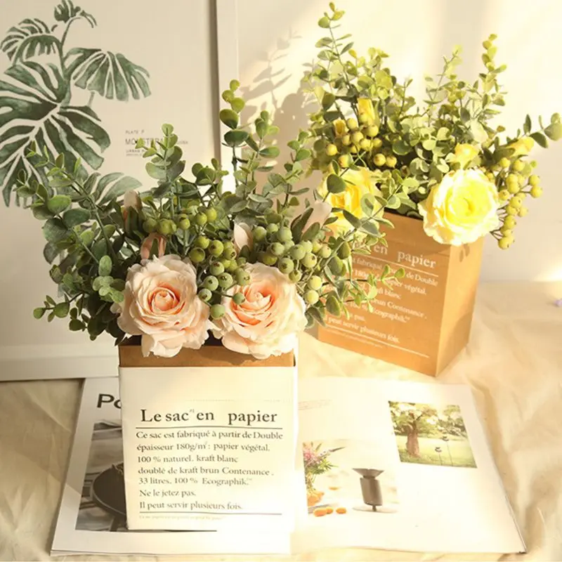 Dirbtinių Rožių Gėlių, Vestuvių Puokštės Su Padirbtų Augalų, Eukalipto Lapai, Uogos Vestuves Stalo Centerpieces Namų Dekoro