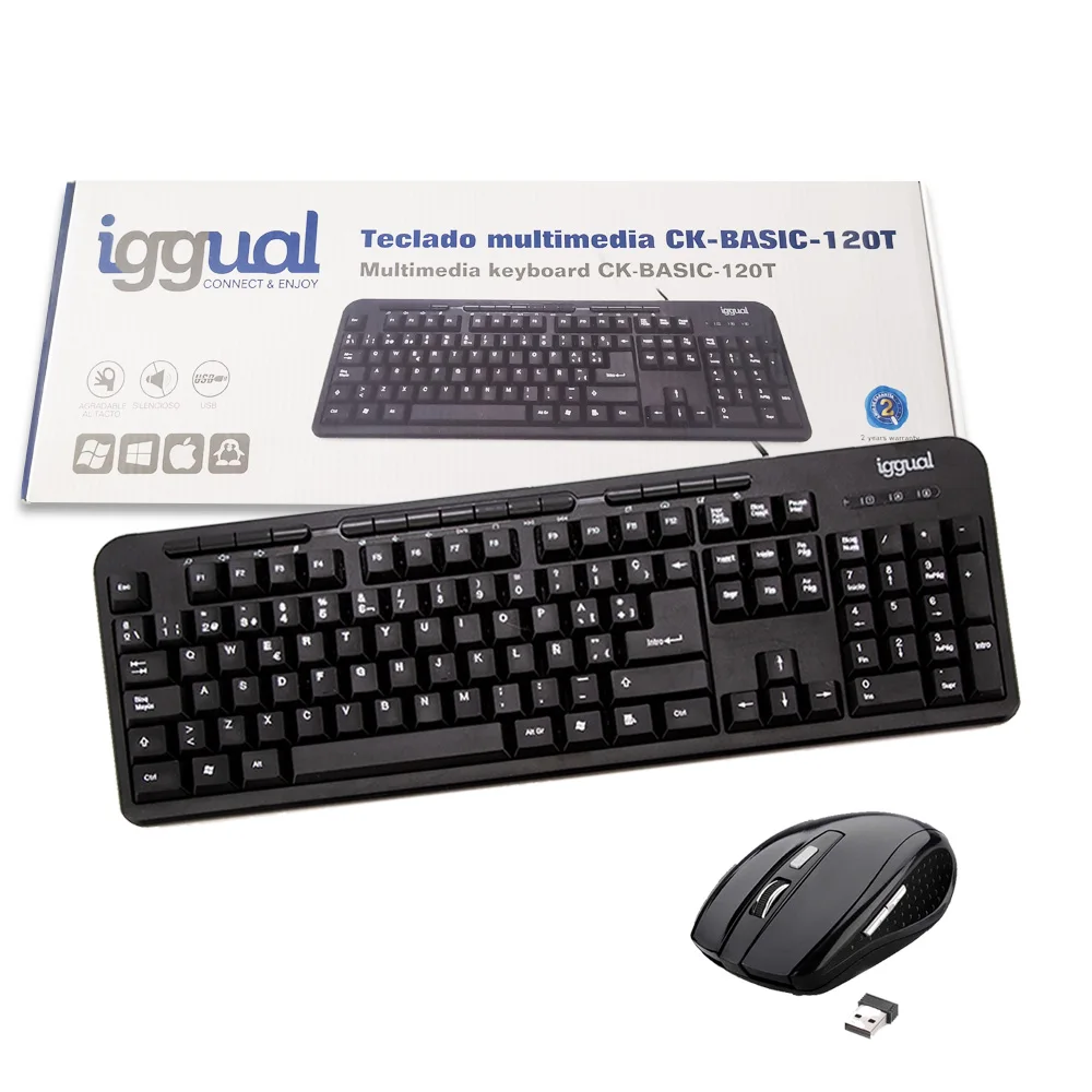 Pakuotėje teclado usb y raton inalambrico español con letra  teclado pc silencioso IGGUAL con 105 teclas y ratón inalámbrico 2,4 ghz