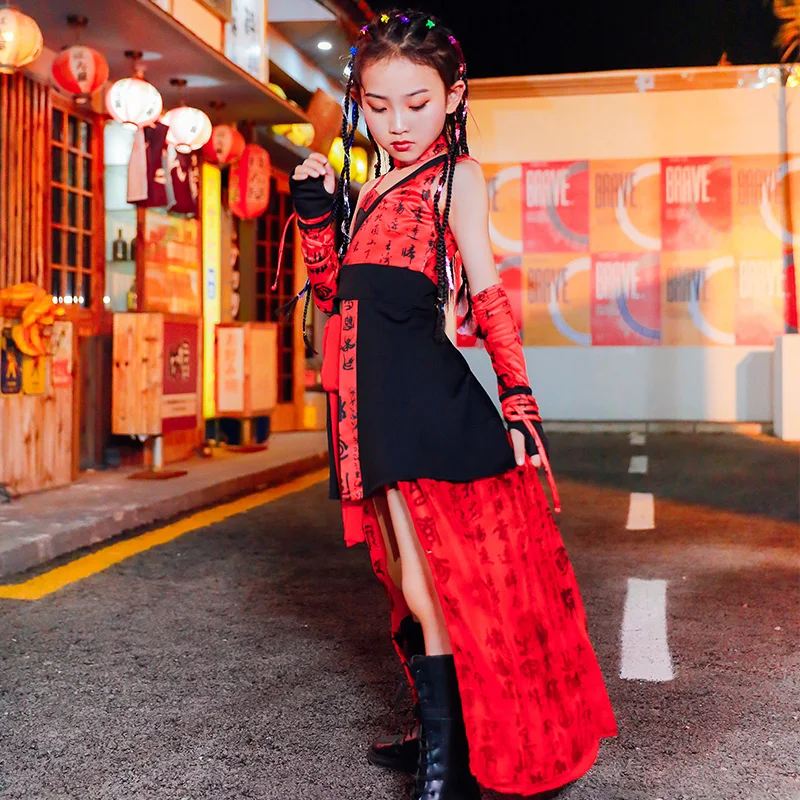 Vaikai Džiazo Šokio Kostiumai Kinų Stiliaus Merginos Podiumo Šou Banga Veiklos Drabužius Vaikas Street Dance Hip-Hop Raudonos spalvos Kostiumas DQL3919