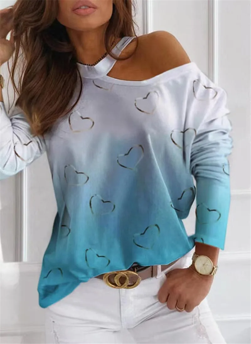 Elegantiška Mėlynos spalvos Gradientas Širdies Print T-shirt Moterims Seksualus Peties Tuščiaviduriai Iš Long Sleeve Top 2021 M. Pavasario Rudens Mados Gatvė Tees