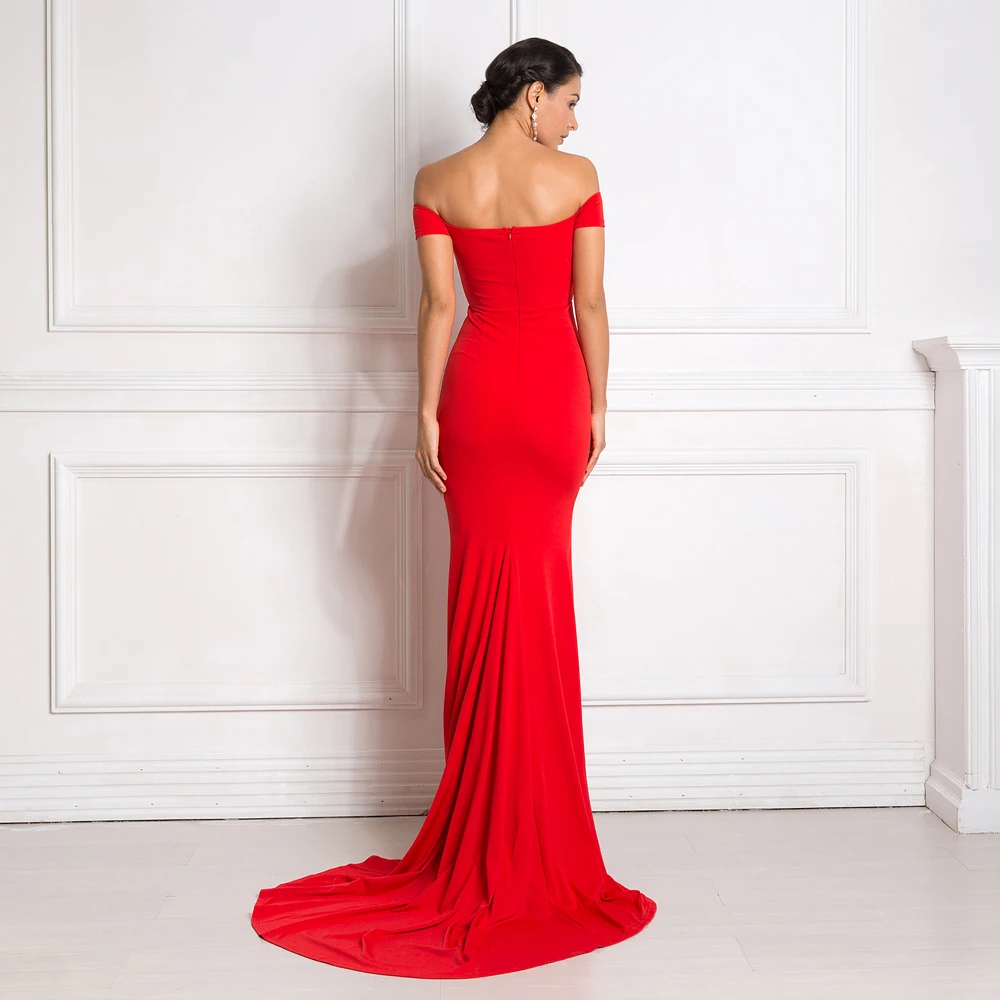 Raudona Maxi Suknelė Padalinta Priekyje Nuo Peties Bodycon Grindų Ilgio Suknelė, Elegantiškas Klasikinis Trimitas Mermaid Dress
