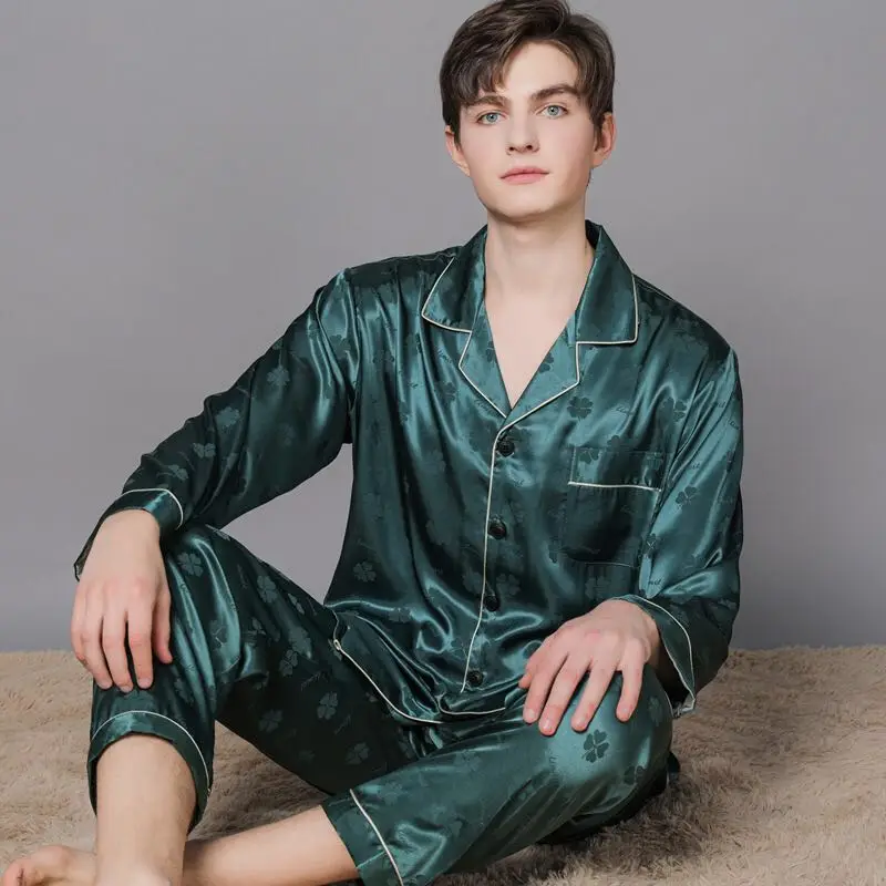 Rudenį Vyrų Sleepwear Satino Pižama Nustatyti ilgomis Rankovėmis Namų Kostiumas Šilko Pižama Didelio Dydžio Homewear Vyrų Pižamos Minkštas Lounge Rinkinys