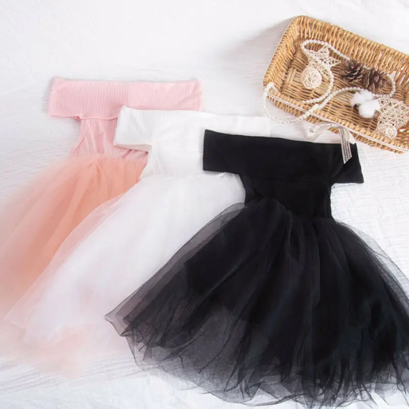 Princesė Dress Inscenizacija 2021 Naujagimiui Vaikai Mergina Off Peties Tutu Tinklelio Suknelė Šalis Oficialią Vestuvių suknelė juoda balta rausva