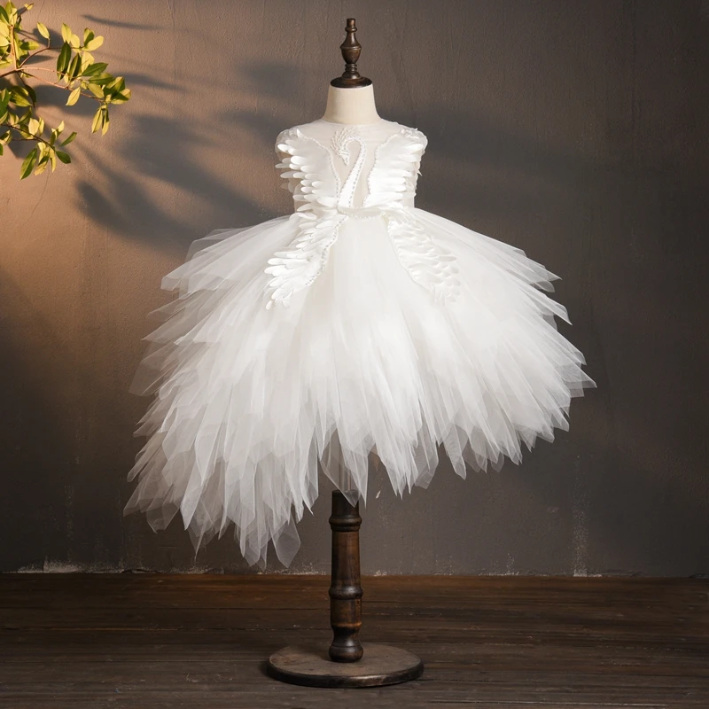 Elegantiška Swan Kristalų Tiulio Gėlių Mergaitės Suknelė Vestuvių Vaikai Inscenizacija Vakare Gown Gimtadienio Plunksnų Nėrinių Princesė Suknelės