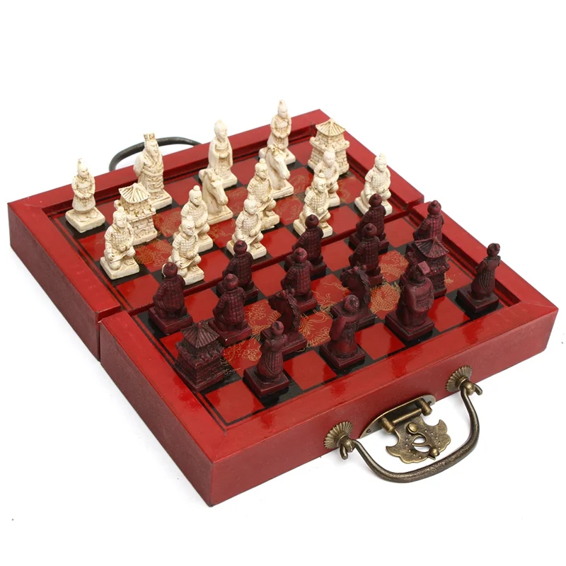 Kinijos Medienos Odos Dėžutė su 32 Gabalus Terakotos Figūra Šachmatų Rinkinį Pramogų Šaškės, Šachmatai Tradiciniai Žaidimai