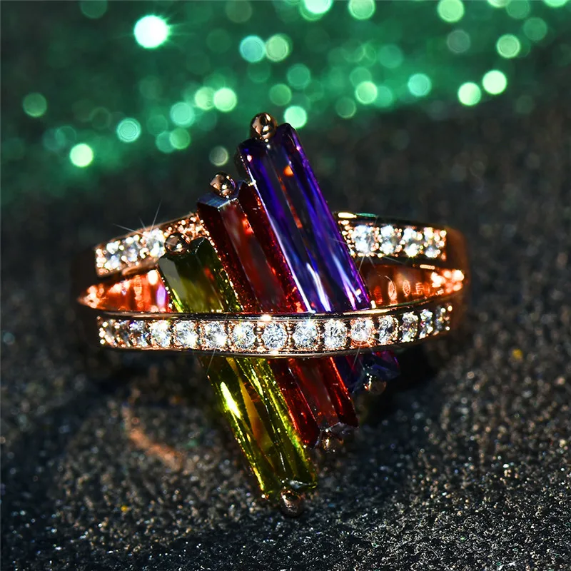Boho Moterų Violetinė Raudona Alyvuogių Žalia Žiedas Mielas Rose Gold Crystal Rainbow Cirkonis Akmuo Žiedas Žada Sužadėtuvių Žiedai Moterims