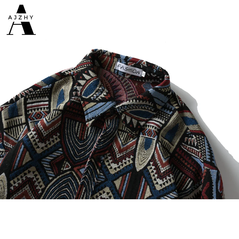 AJZHY vyriški Marškiniai Storio Nacionalinės Stiliaus Megzti Geometrinis Mygtuką Marškinėliai Rudens Žiemos Harajuku Atsitiktinis ilgomis Rankovėmis Streetwear 2020 m.