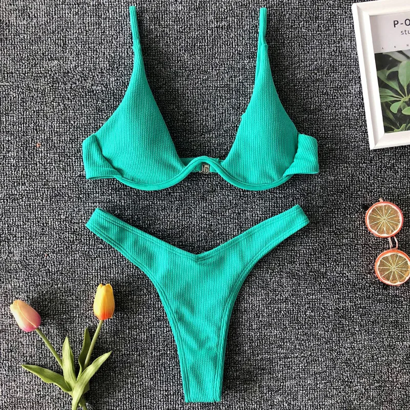 Seksualus Neon V-baras Liemenėlių Bikini 2021 metų Moteris Briaunoti Swimsuit Moterys Thong maudymosi Kostiumėliai, Dviejų vienetų Bikini komplektas Push up Maudymosi Kostiumas