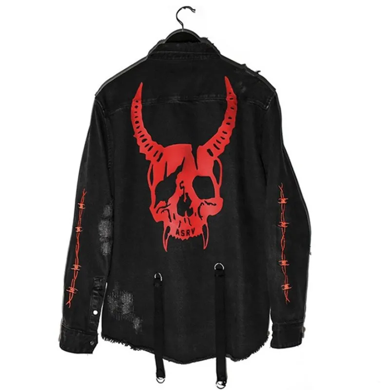 Harajuku Gotikos Demon Hunter Skull juodos džinsinio striukė vyrams Rock, punk sunkiųjų metalų Palaidinukė sudadera petnešos skylę streetwear