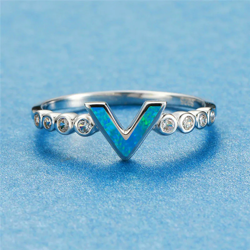 Mielas Moterų Mėlyna Balta Ugnies Opalas Žiedas Minimalistinio 925 Sterlingas Sidabro V Raidę Vestuvinį Žiedą Žada Sužadėtuvių Žiedai Moterims