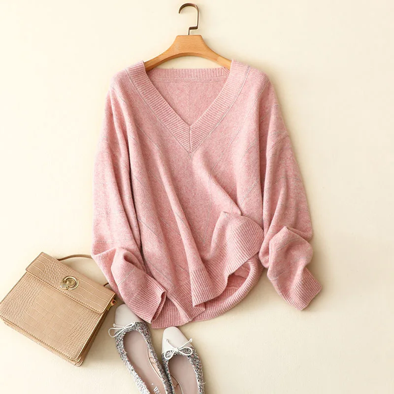 Kašmyro megztinis moterų mados v kaklo rožinės spalvos megztiniai ilgomis rankovėmis megztiniai prarasti ponios elegantiškas, jaukus žiemos trikotažas
