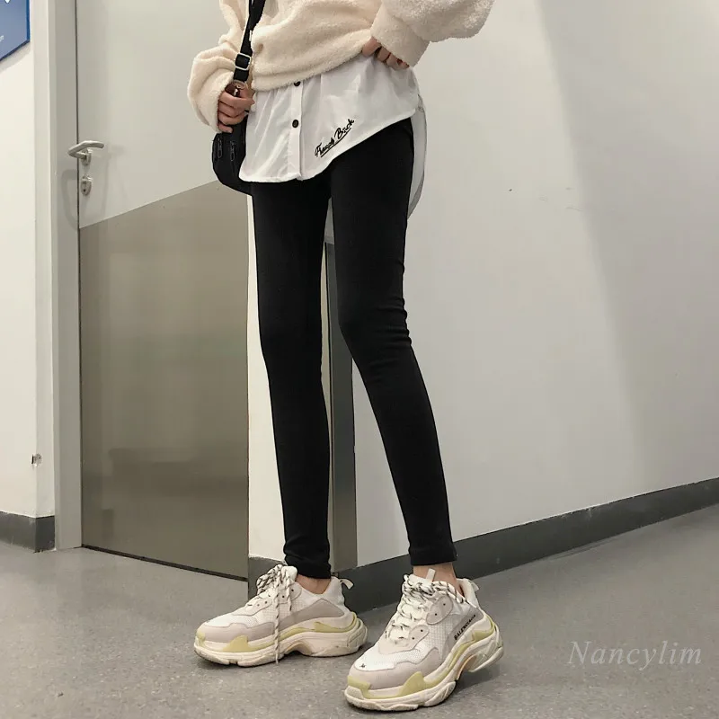 Moterų Antblauzdžiai Pavasario Žiemos Naujų Korėjos Stiliaus Slim Fit Netikrą Dviejų Dalių Pliušinis Vidinis, Šiltas Kelnės Leggins Mujer Pantalon Femme